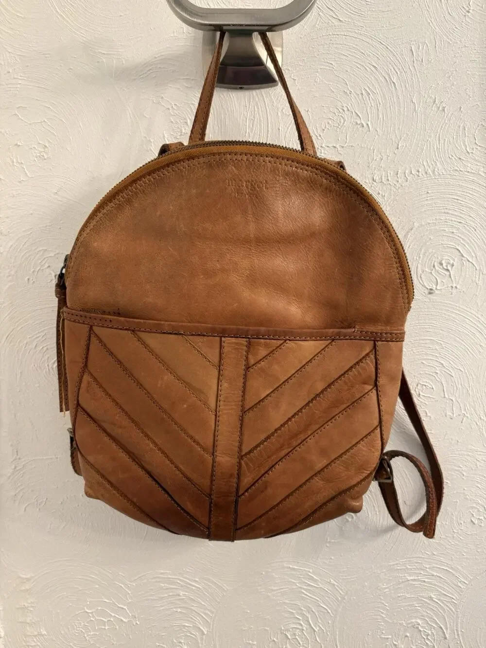 Margot New York Tan Leather Backpack Purse Chevron-Striped Front Pocket